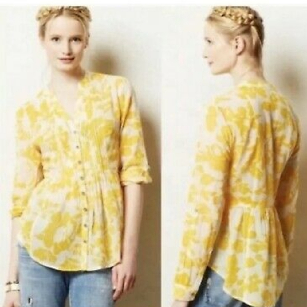 Anthropologie MAEVE Women's Yellow Floral Pintuck